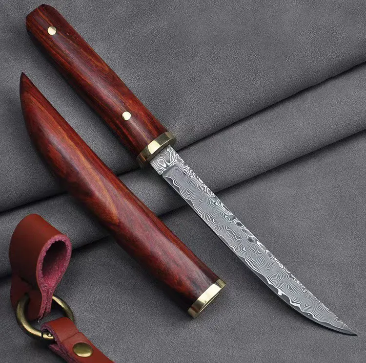 Cutit Tanto Mini Luxury, Bucatarie & Camping, Otel Damasc VG10, Maner Red Wood, 19,5 cm [3]