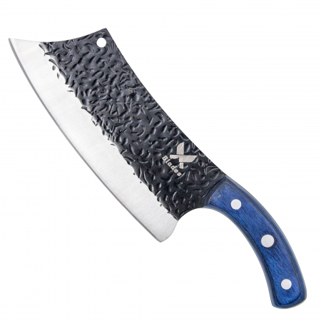 Satare Camping - Satar Blue Angus, Bucatarie & Camping, Finisaj Hammered, Otel 4Cr13Mov, Maner Lemn Pakka, 30.5 cm
