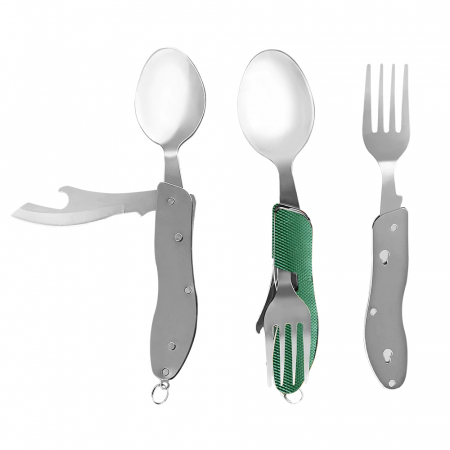 Tacam Pliabil Camping, Lingura, Furculita, Cutit, Desfacator bere, Portabil, Detasabil, Otel Inoxidabil [0]