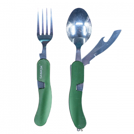 Tacam Pliabil Camping, Lingura, Furculita, Cutit, Desfacator bere, Portabil, Detasabil, Otel Inoxidabil [1]