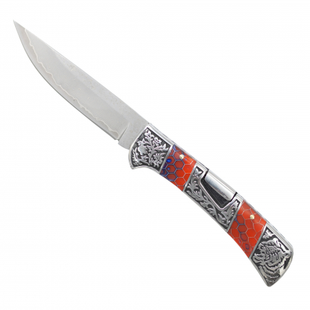 джобно НОЖОВЕ - Briceag Ahmed I, Camping & Drumetie, Otel Damasc VG10 Core, Maner Rosu Fosforescent, 22 cm