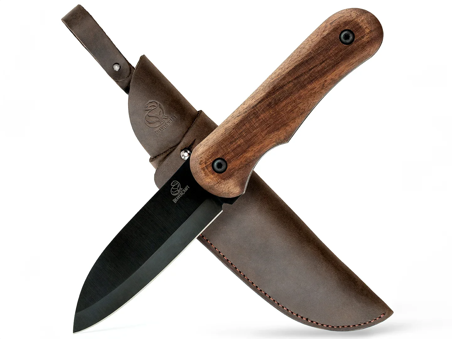 BSH5 Shadow – компактен нож Bushcraft, въглеродна стомана, дръжка от орех, кожена кания, 21 см