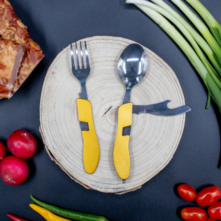 Kempingové skládací příbory, lžíce, vidlička, nůž, otvírák na pivo, přenosný, odnímatelný, nerezová ocel [3]