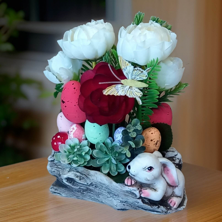 Decoratiuni casa - Aranjament de Paste in Ghiveci cu Iepuras, Oua, Fluturas si Flori Artificiale