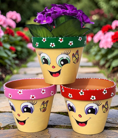 Idei de cadouri - Ghiveci cu ochisori- Pictat manual-12.5x11 cm -model 1