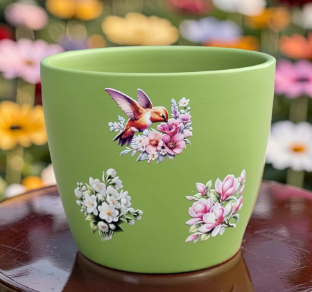 Noutati - Ghiveci decorativ verde cu colibri si flori – 10 cm