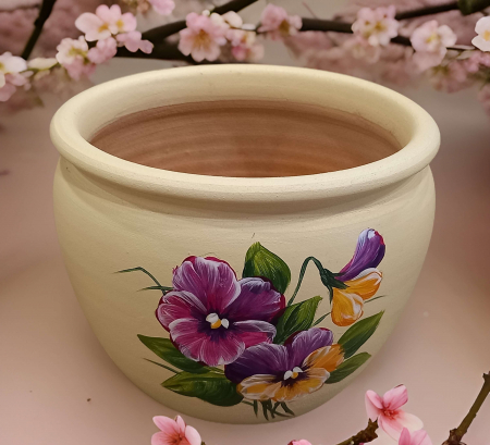 Ghivece și accesorii pentru grădină - Ghiveci ceramic pictat manual cu panseluțe, Model 30, Ø 13 × 11 cm - imagine principală