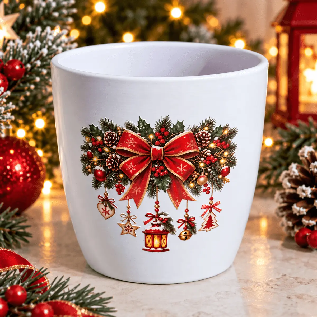 Decorațiuni pentru casă - Ghiveci din ceramica, realizat si pictat manual cu imagini de Craciun 10x11cm- model 31