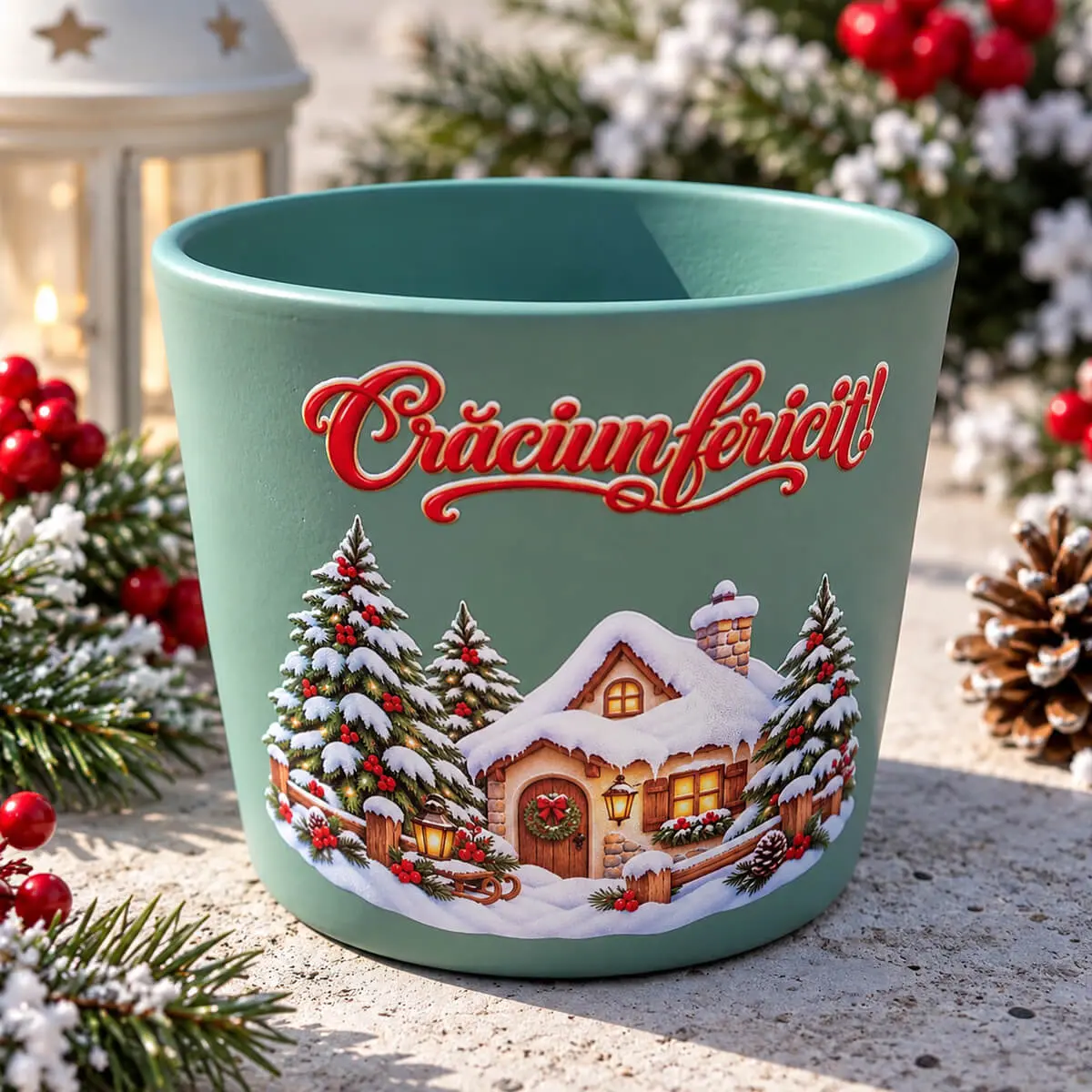 Decorațiuni pentru casă - Ghiveci din ceramica, decorat UV cu imagini de Craciun 9,5x11,5 cm- model 27