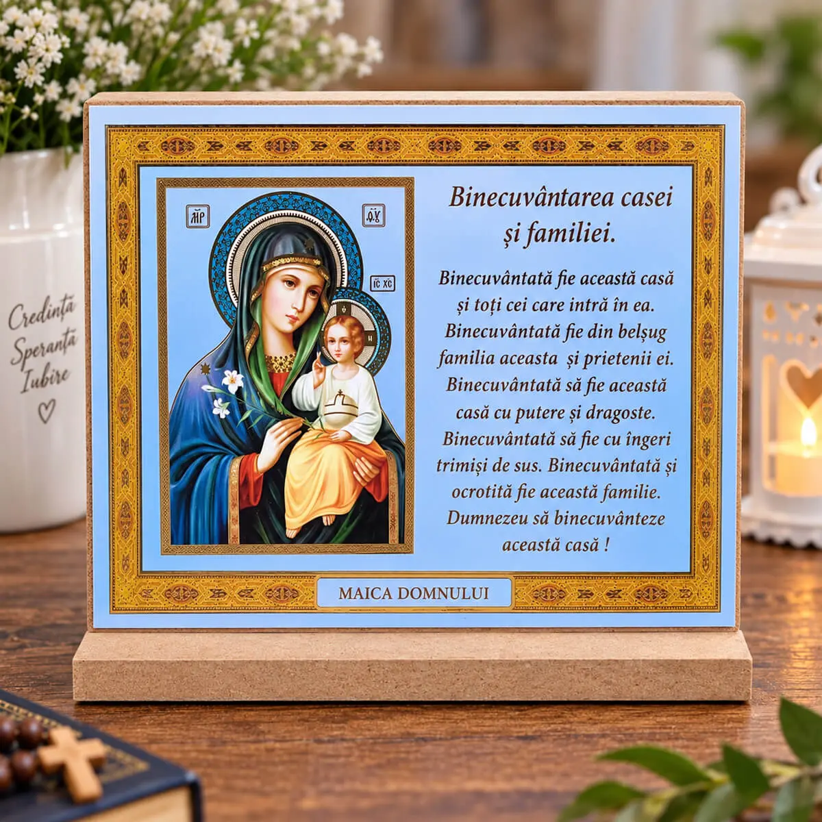 Cadouri religioase pentru familie și persoane dragi - Icoană din Lemn 11×15 cm – Binecuvântarea Casei și Familiei cu Maica Domnului