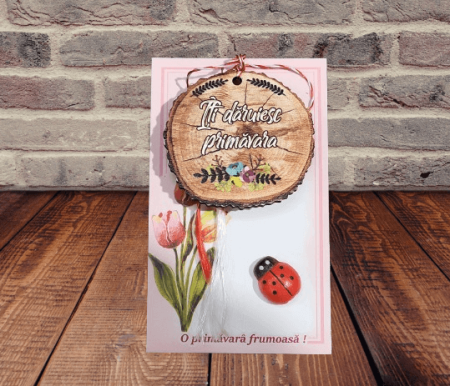 Cadouri pentru femei - Martisor din lemn pe cartonas- Primavara cu multe zambete