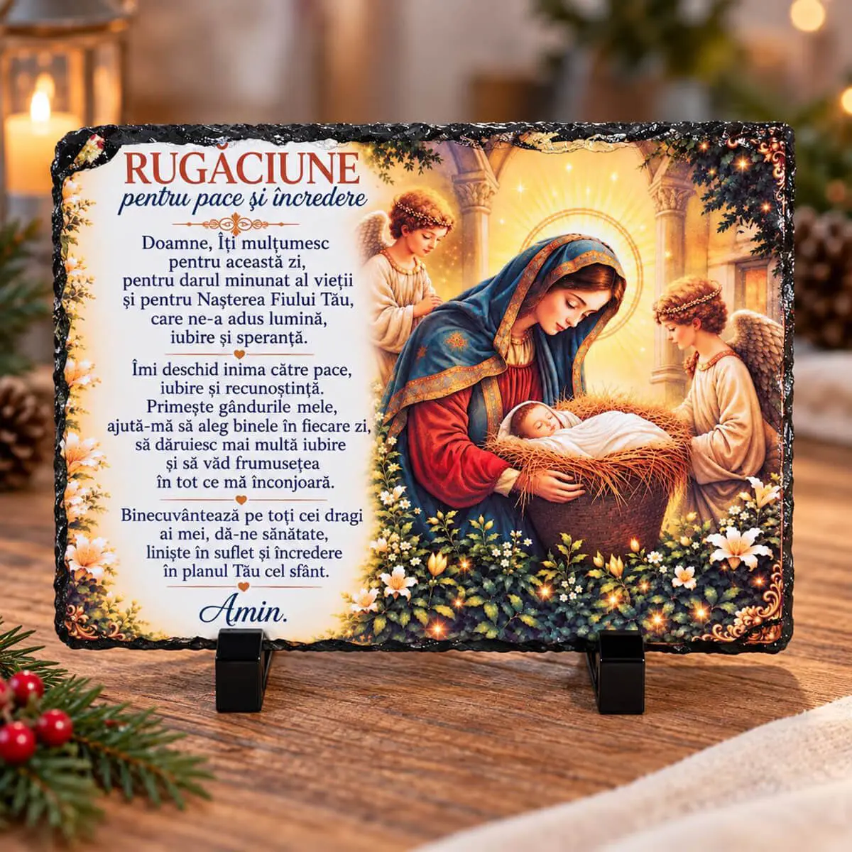 Noutăți și produse recent adăugate - Placă de ardezie cu Rugăciune pentru pace și încredere – Nașterea Domnului, 14×19 cm