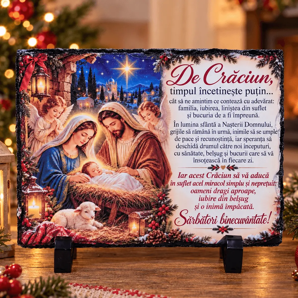 Noutăți și produse recent adăugate - Placă de ardezie cu scena Nașterii Domnului și Mesaj de Craciun, 14x19 cm