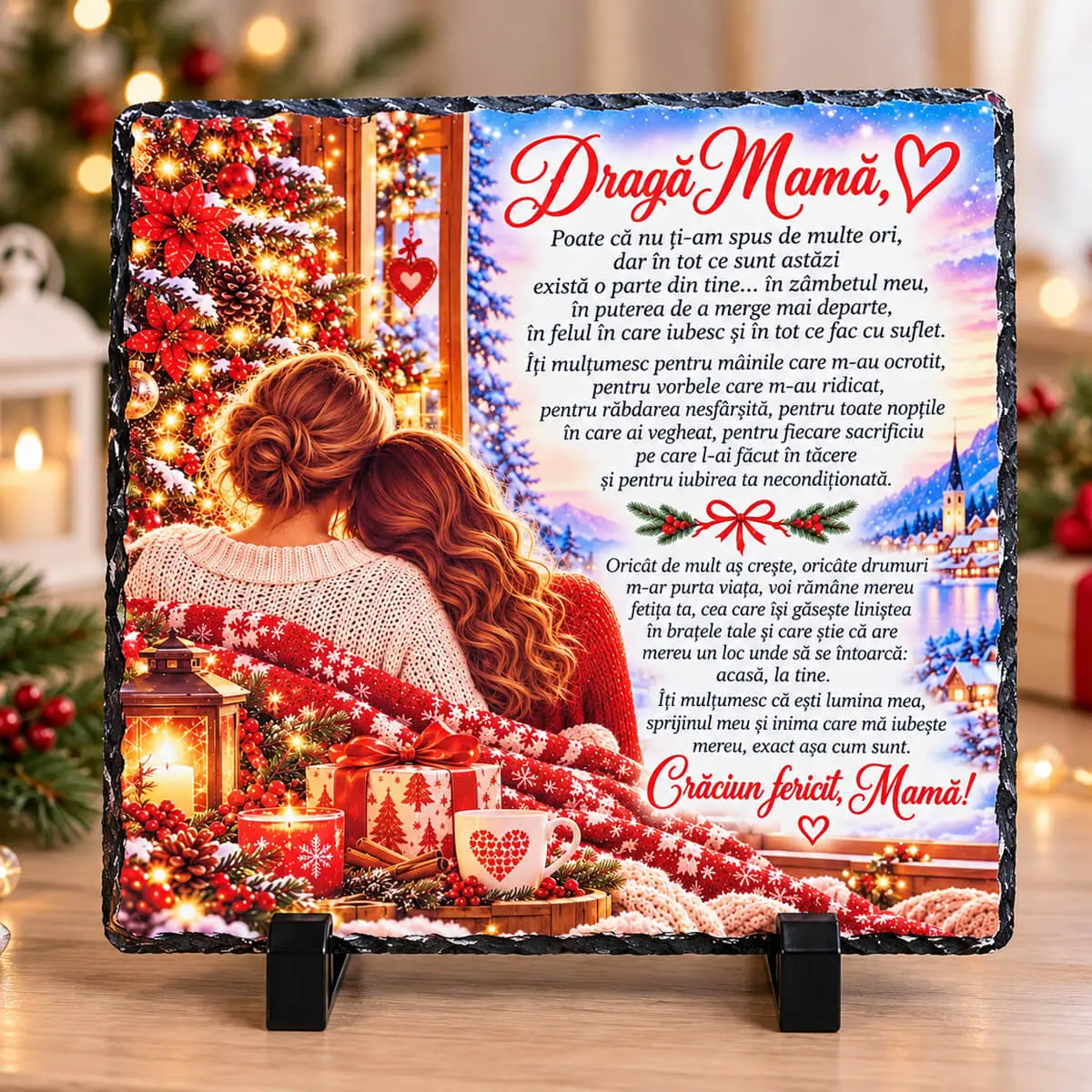 Noutăți și produse recent adăugate - Placă de ardezie „Dragă Mamă” – cadou emoționant de Crăciun, 19×19 cm