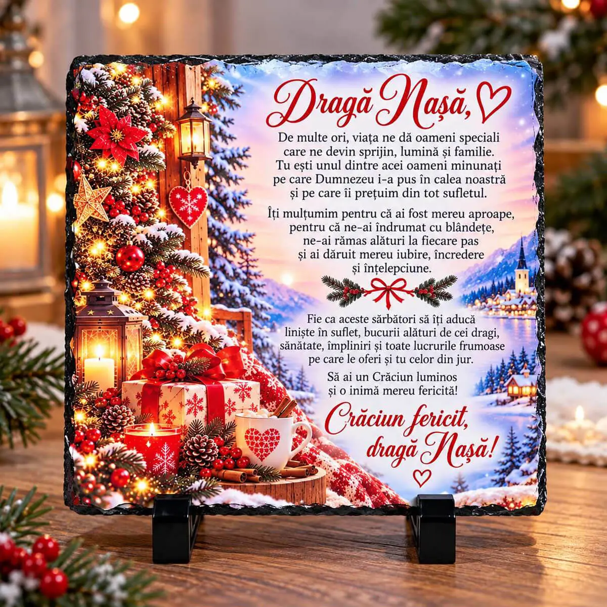Noutăți și produse recent adăugate - Placă din ardezie 19×19 cm cu mesaj emoționant pentru nașă, într-un design cald de Crăciun. Un cadou de suflet prin care îi poți spune cât de mult înseamnă pentru voi. Suport și cutie incluse.