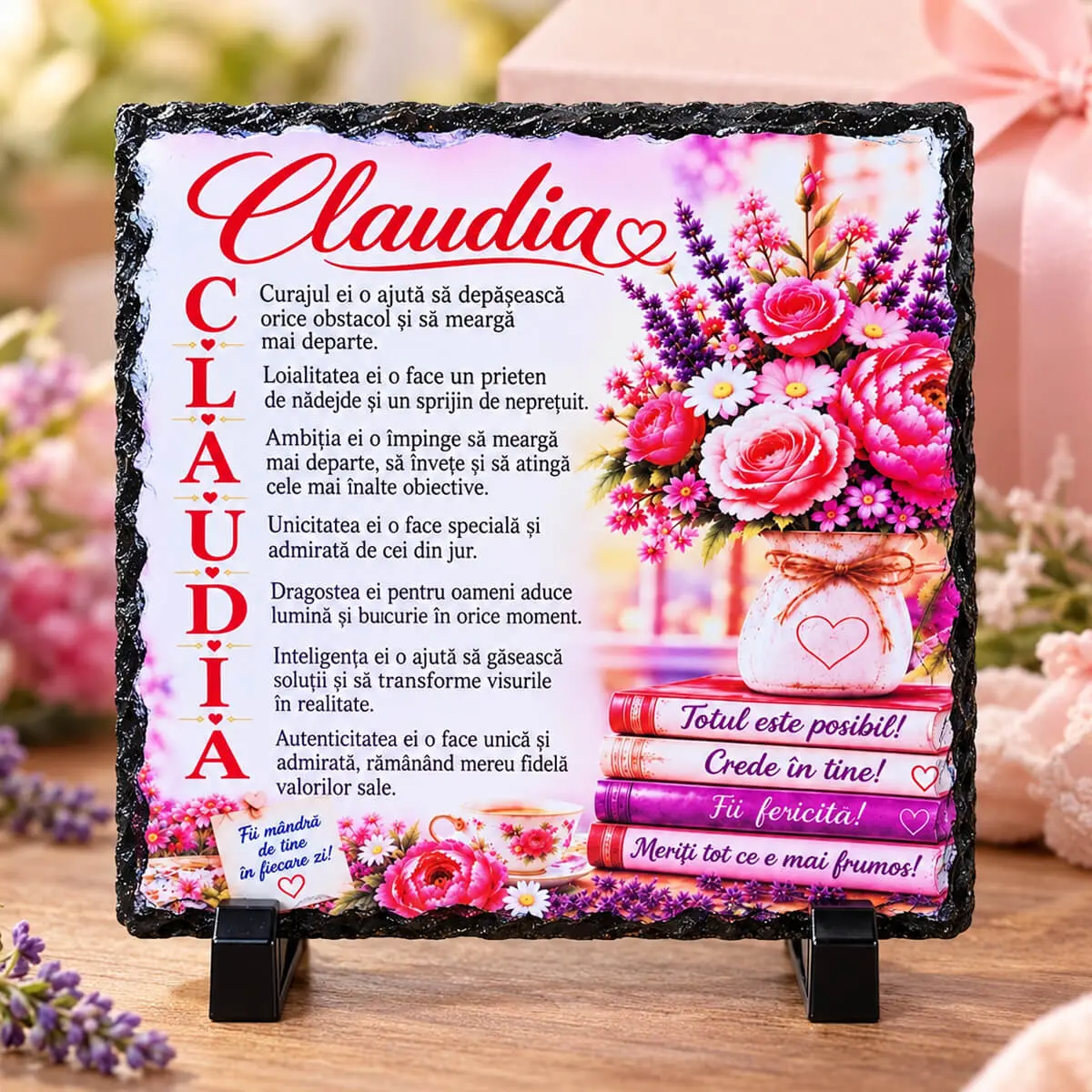 Cadouri personalizate cu nume și mesaj - Placă de ardezie personalizată Claudia BlumaCons, 14 × 14 cm