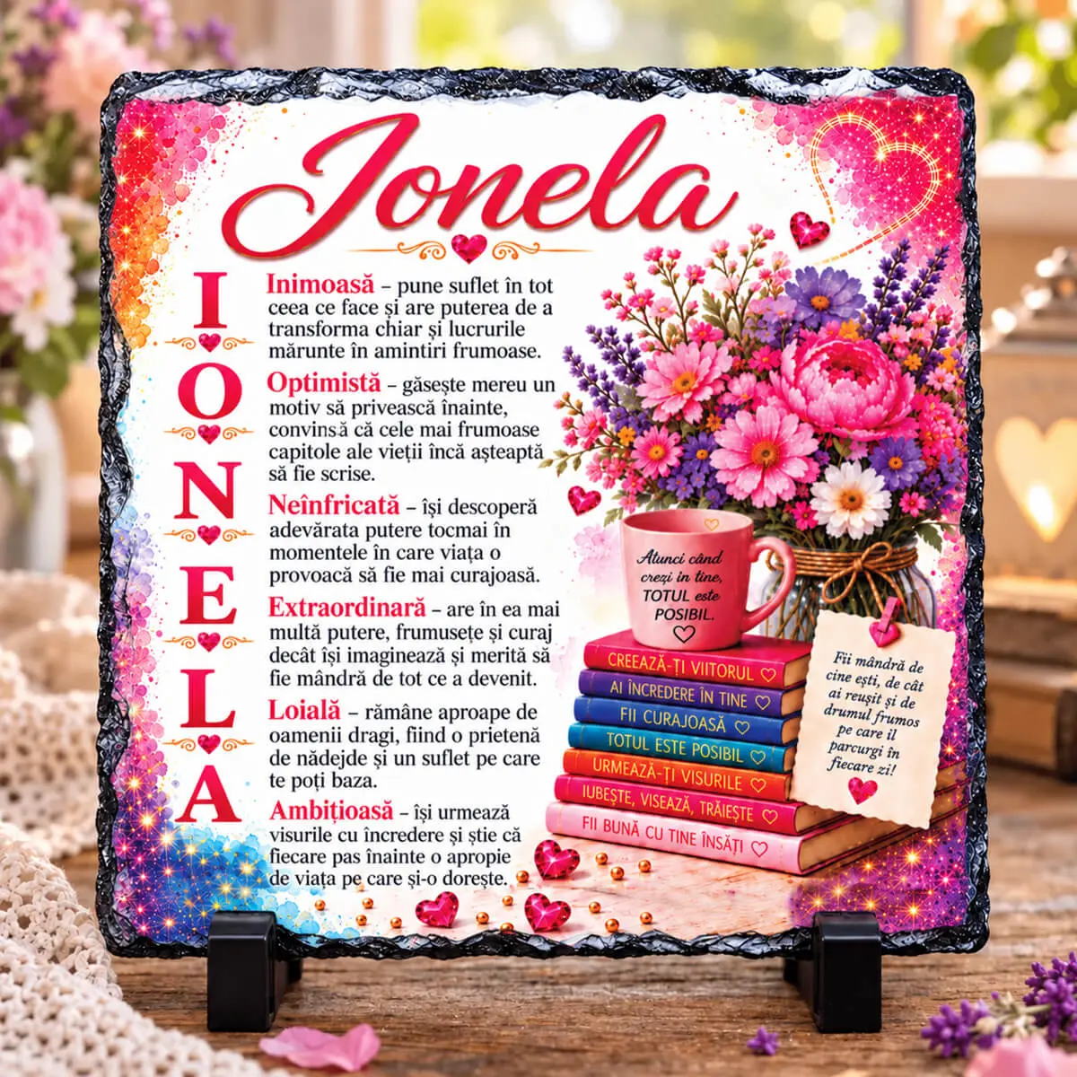 Cadouri pentru femei - Placă de ardezie personalizată cu numele Ionela, 15 × 15 cm