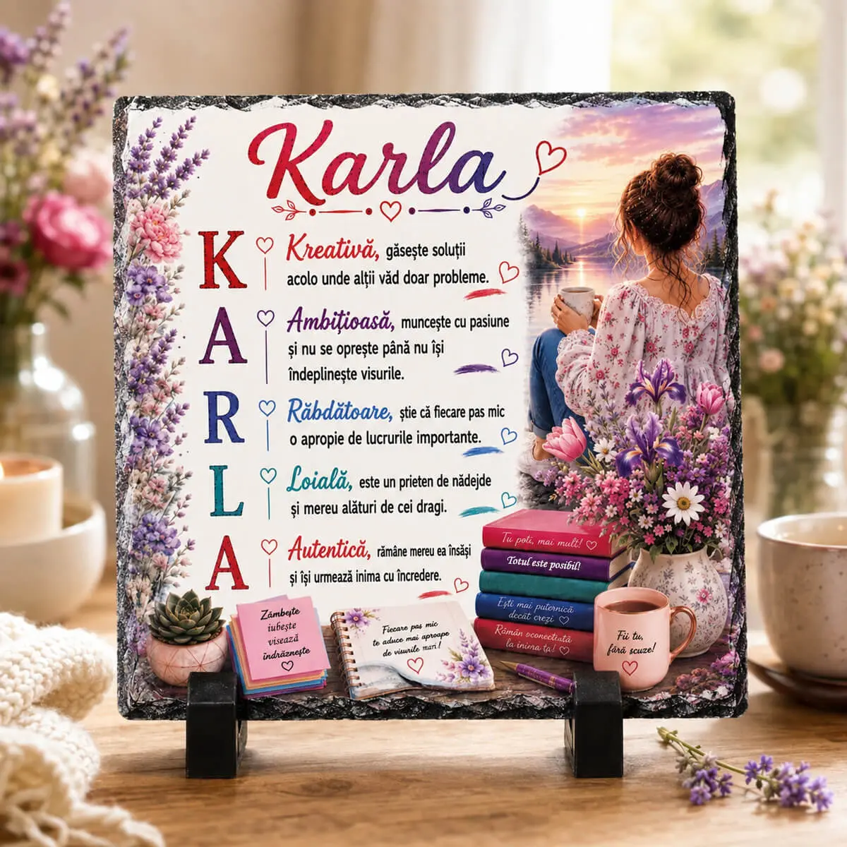 Noutăți și produse recent adăugate - Placă din ardezie personalizată cu numele "Karla", 14 × 14 cm - imagine principală