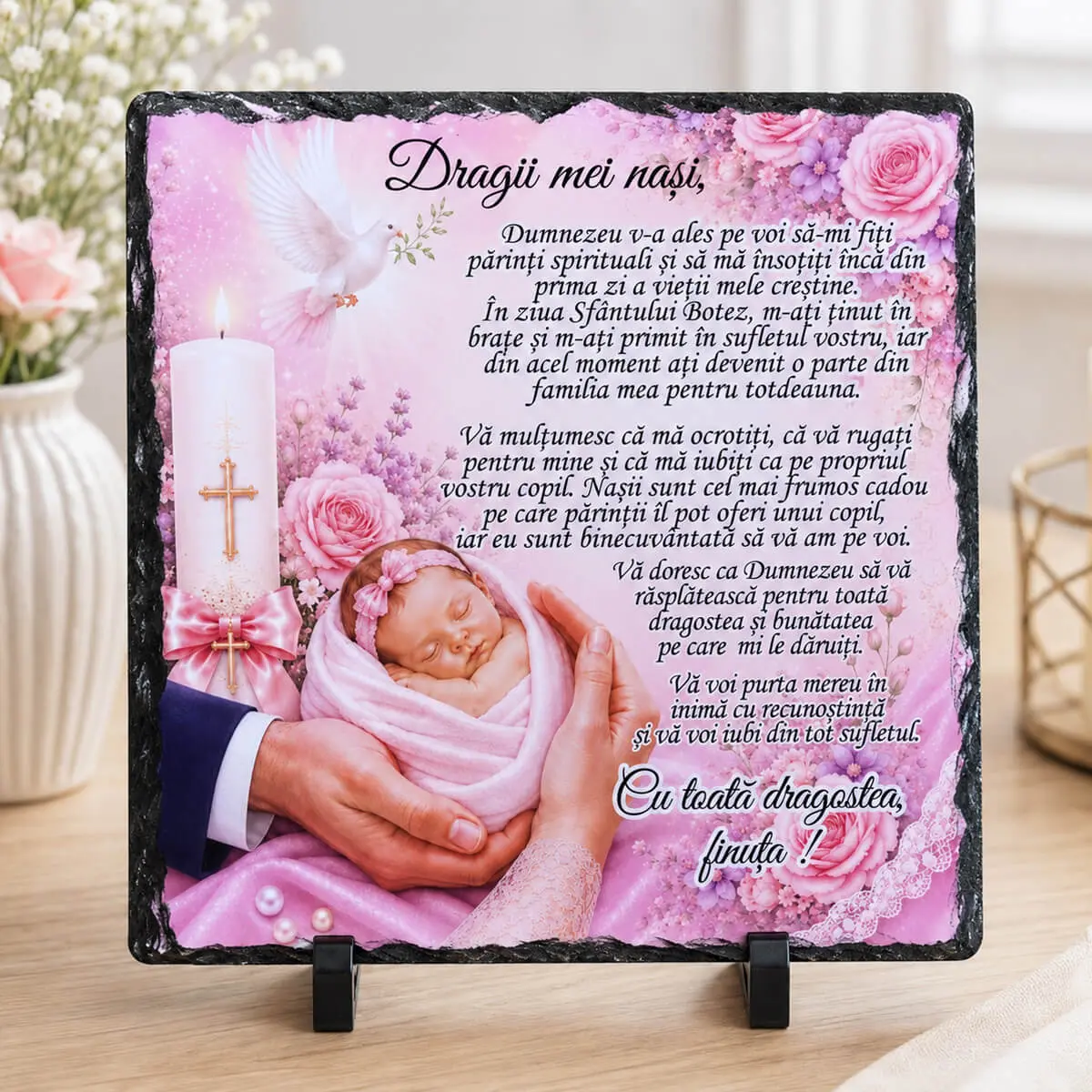Noutăți și produse recent adăugate - Placă din ardezie personalizată pentru nașii de botez, din partea finuței, 19 × 19 cm - imagine principală