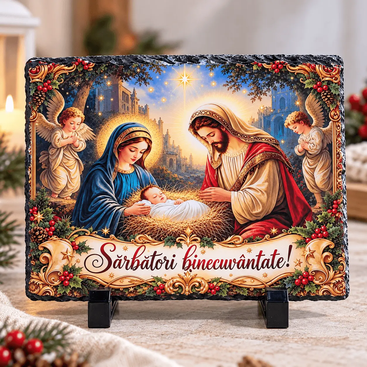 Noutăți și produse recent adăugate - Placă de ardezie „Sărbători binecuvântate!” – Nașterea Domnului, 14×19 cm