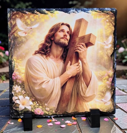 Noutati - Placa decorativa de ardezie personalizata – Iisus cu crucea, decor religios