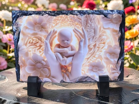 Noutati - Placa decorativa din ardezie – Design „Bebelus in palme”