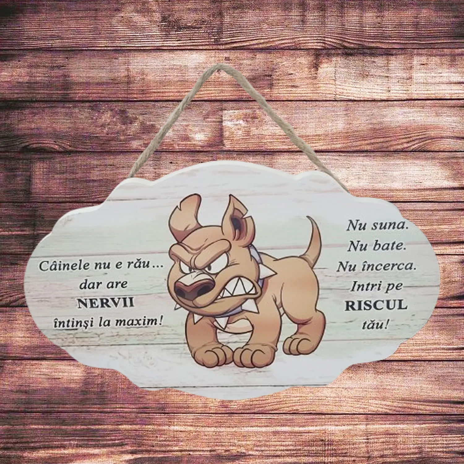 Noutati - Placa decorativa din lemn pentru usa cu mesaj "Caine Rau"