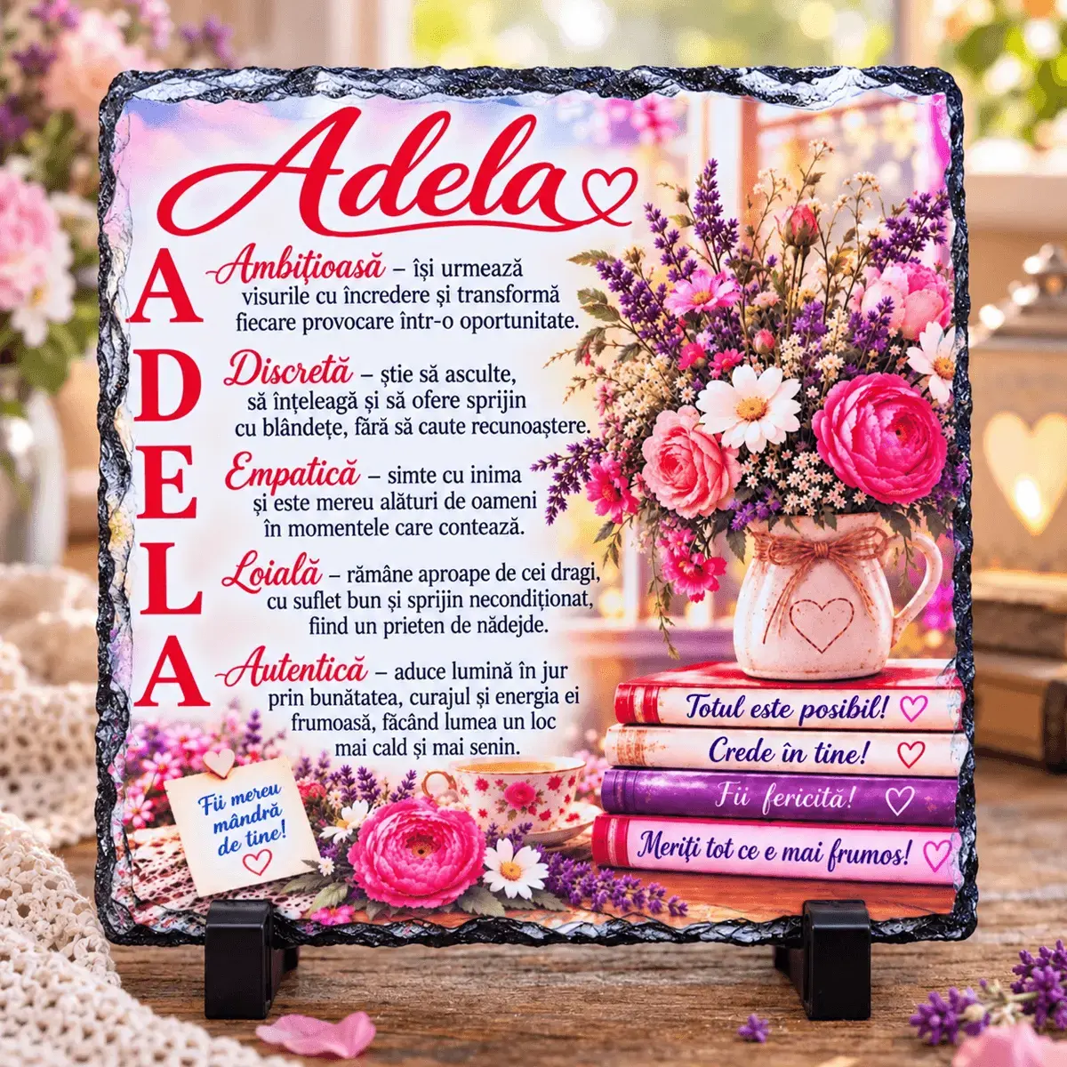 Noutăți și produse recent adăugate - Placă din ardezie personalizată cu numele Adela, 14 × 14 cm