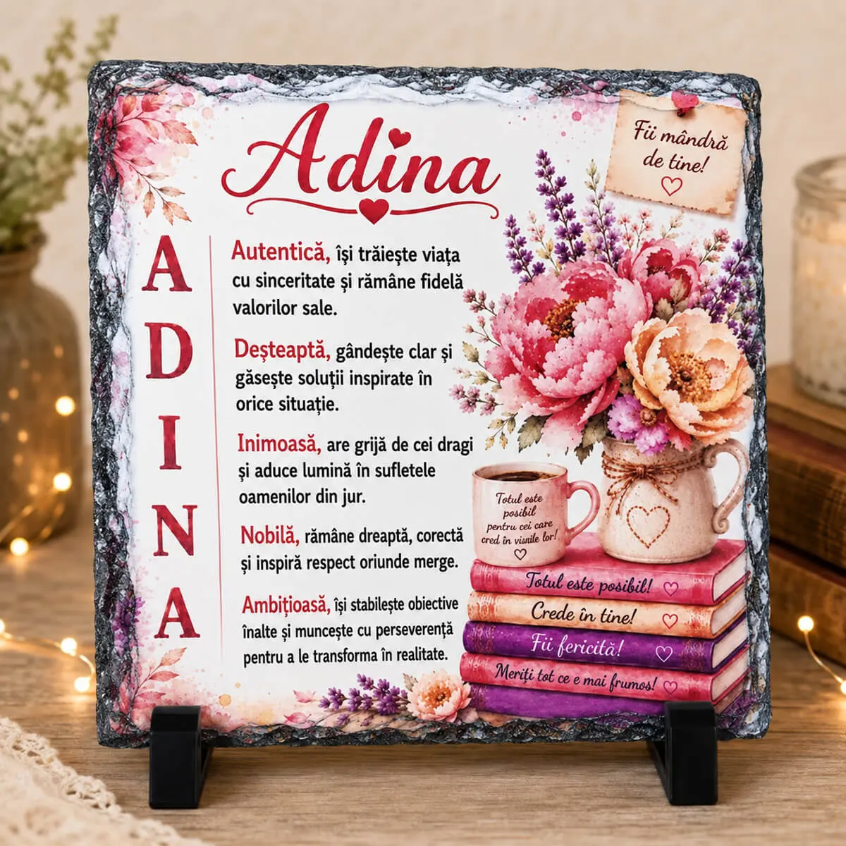 Noutăți și produse recent adăugate - Placă din ardezie personalizată cu numele Adina, 14 × 14 cm