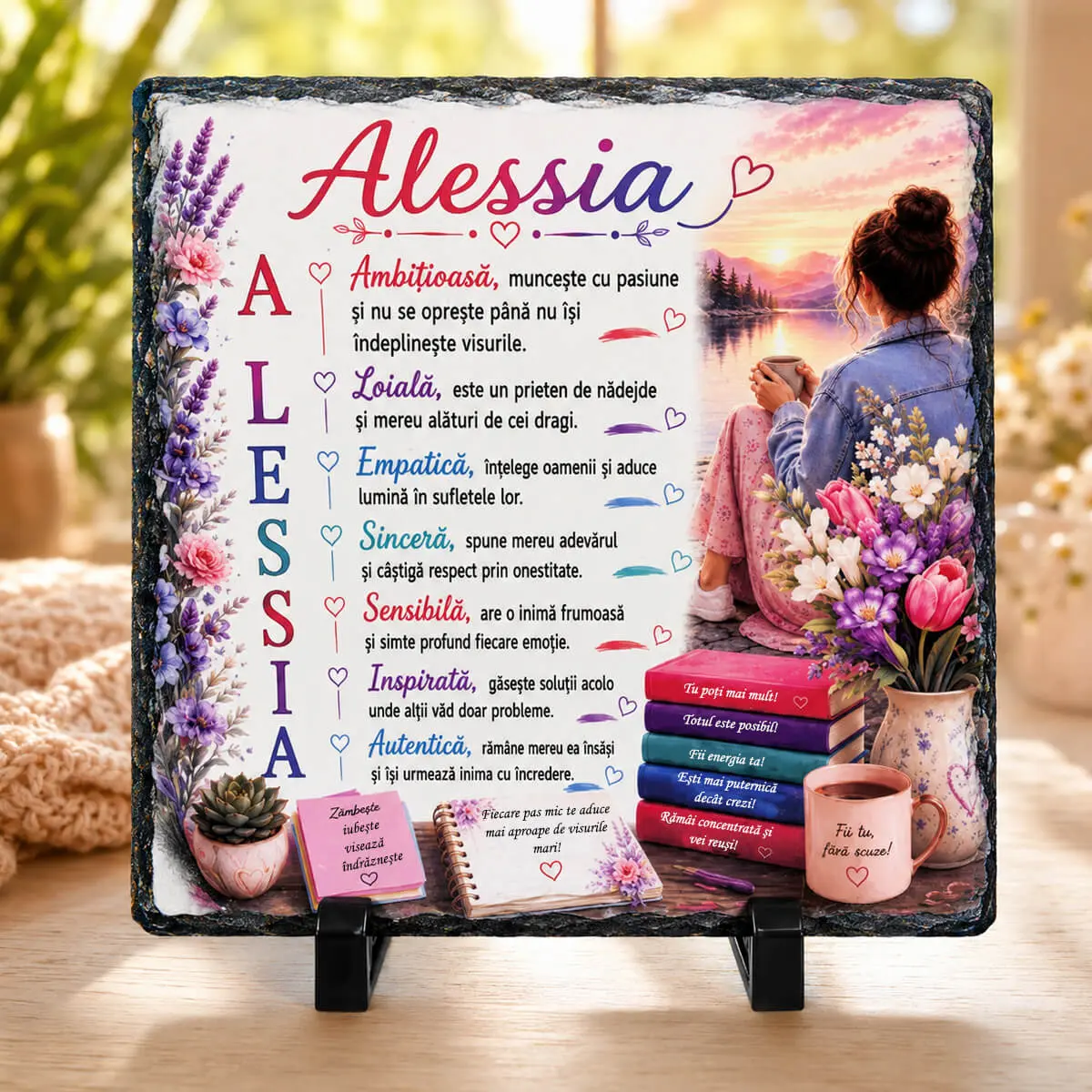 Noutăți și produse recent adăugate - Placă din ardezie personalizată cu numele "Alessia", 14 × 14 cm