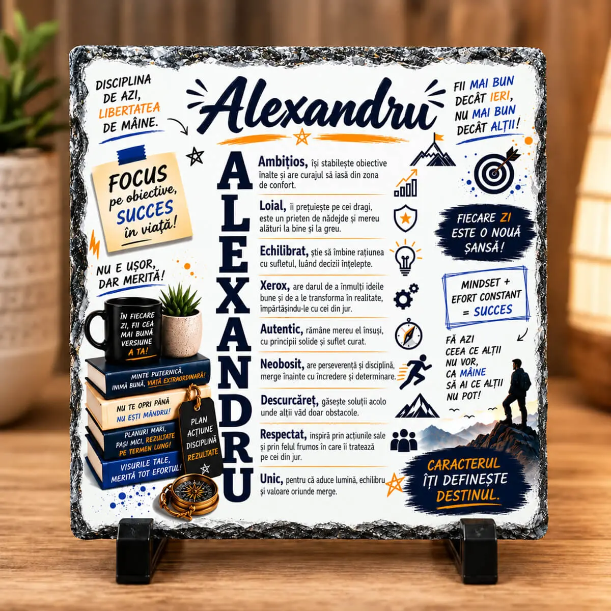 Cadouri pentru bărbați - Placă din ardezie personalizată cu numele Alexandru, 14 × 14 cm