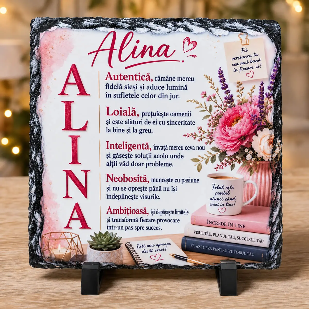 Noutăți și produse recent adăugate - Placă din ardezie personalizată cu numele Alina, 14 × 14 cm