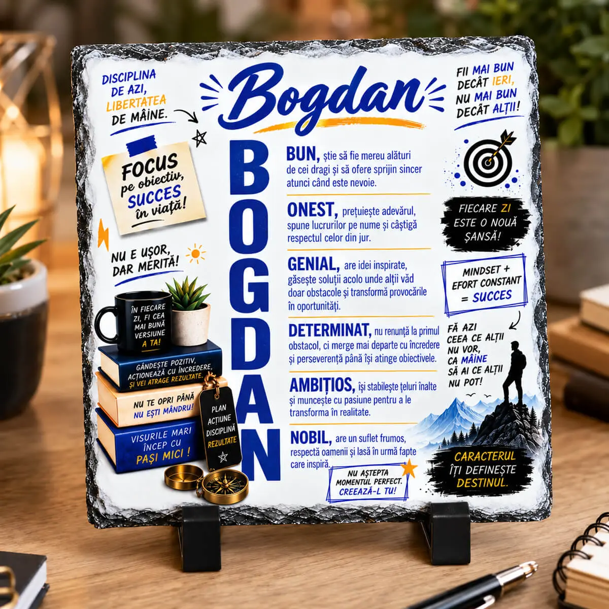 Noutăți și produse recent adăugate - Placă din ardezie personalizată cu numele Bogdan, 14 × 14 cm