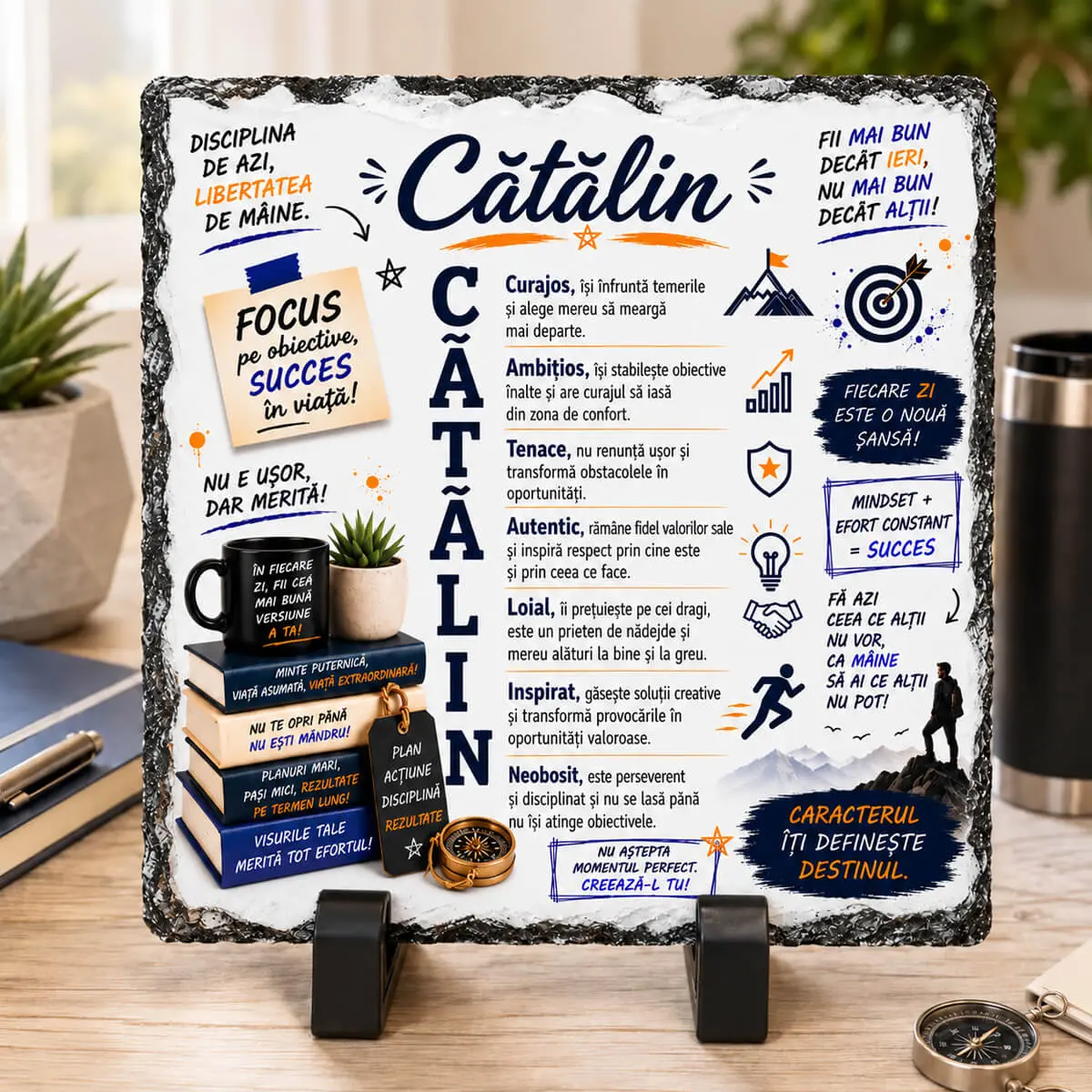 Cadouri pentru bărbați - Placă din ardezie personalizată cu numele Cătălin, 14 × 14 cm