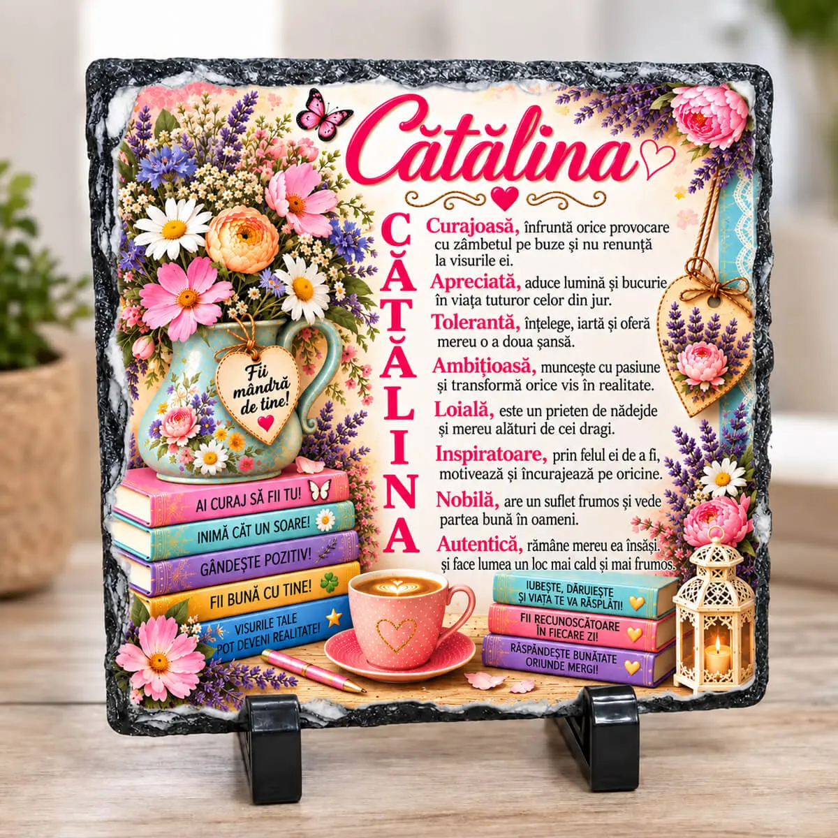 Cadouri personalizate cu nume și mesaj - Placă din ardezie personalizată cu numele Cătălina, 14 × 14 cm