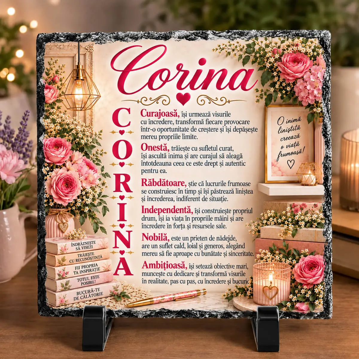 Cadouri personalizate cu nume și mesaj - Placă din ardezie personalizată cu numele Corina, 14 × 14 cm