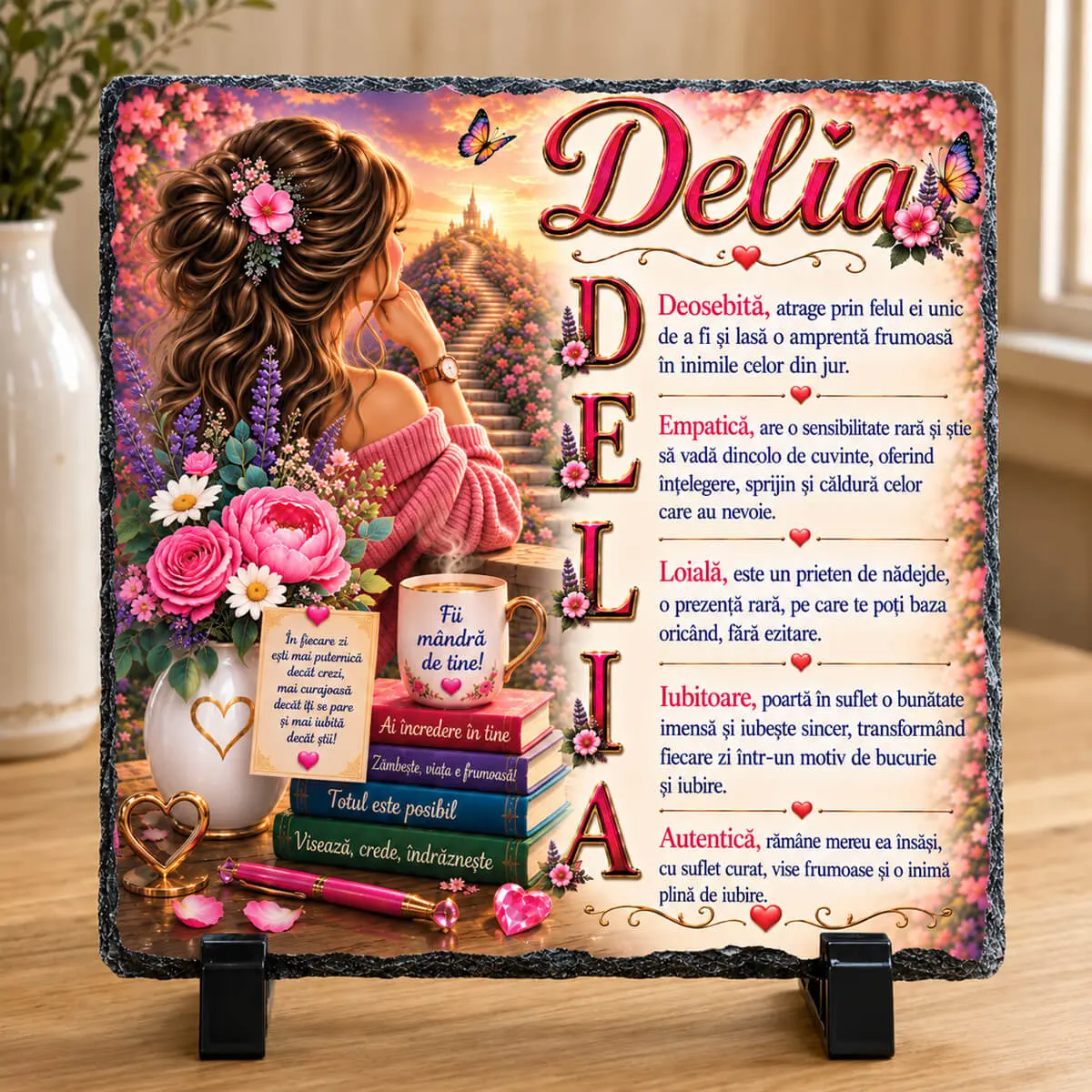 Cadouri personalizate cu nume și mesaj - Placă din ardezie personalizată cu numele Delia, 14 × 14 cm
