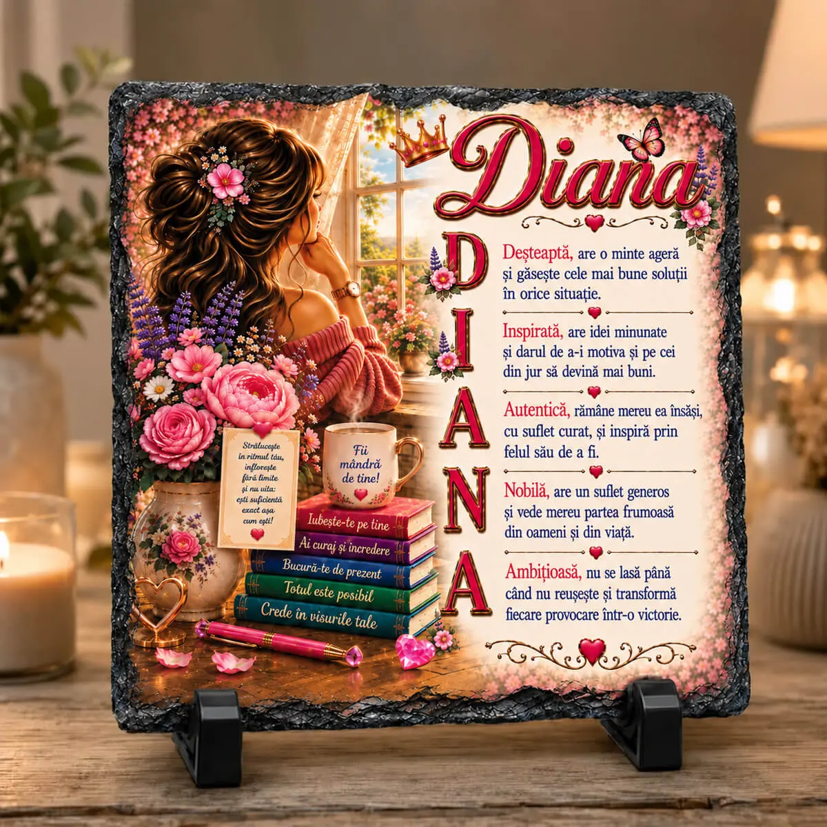 Cadouri de 1–8 Martie - Placă din ardezie personalizată cu numele Diana, 14 × 14 cm
