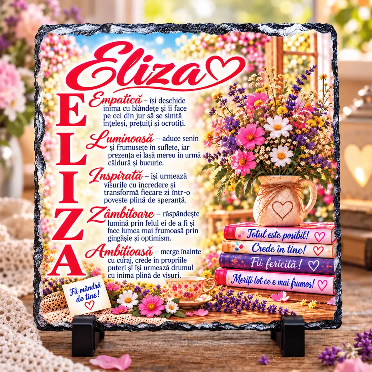 Noutăți și produse recent adăugate - Placă din ardezie personalizată cu numele Eliza, 14 × 14 cm