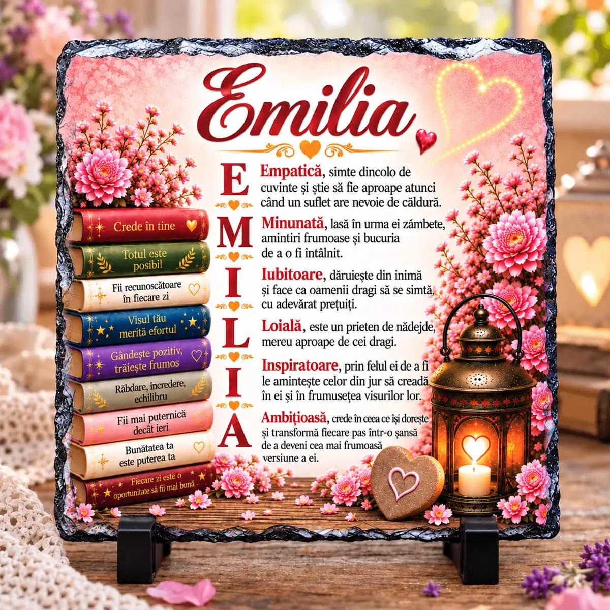 Cadouri pentru femei - Placă din ardezie personalizată cu numele Emilia, 14 × 14 cm