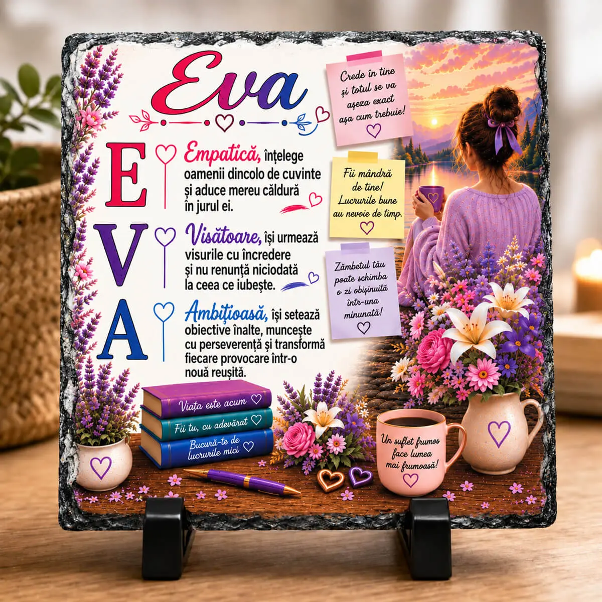 Cadouri de 1–8 Martie - Placă din ardezie personalizată cu numele Eva, 14 × 14 cm
