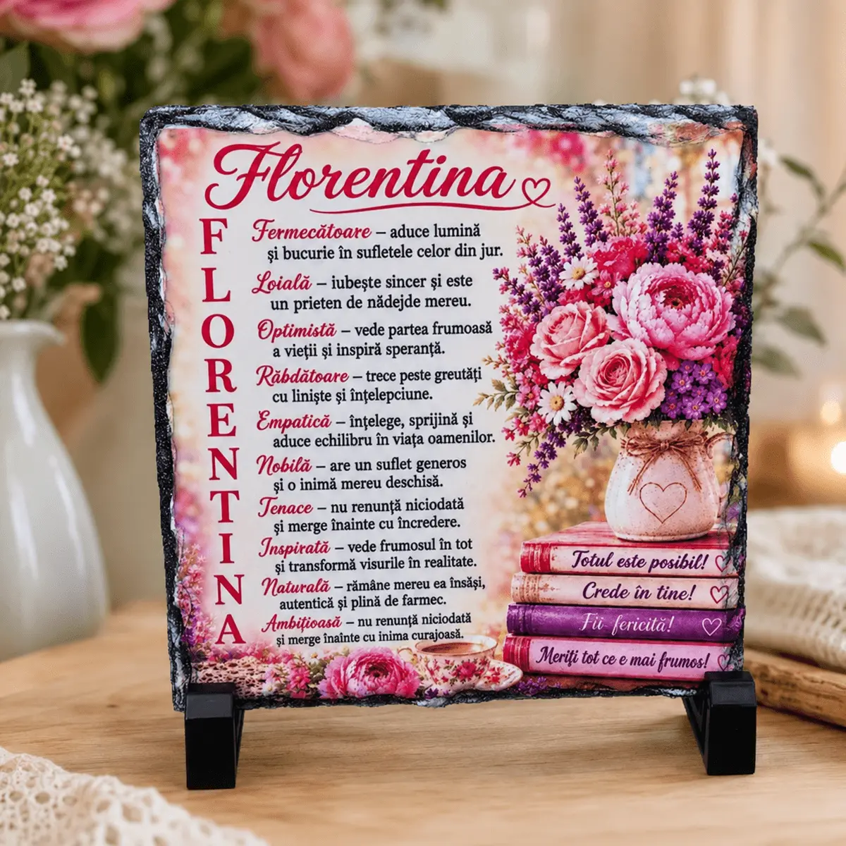 Noutăți și produse recent adăugate - Placă din ardezie personalizată cu numele Florentina, 14 × 14 cm - imagine principală