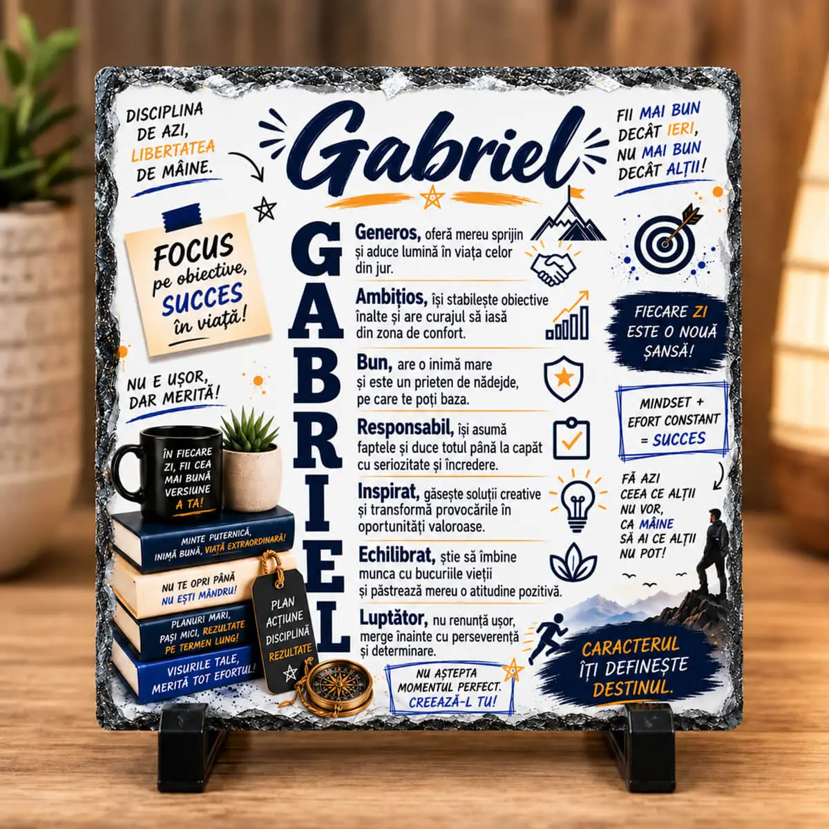 Noutăți și produse recent adăugate - Placă din ardezie personalizată cu numele Gabriel, 14 × 14 cm