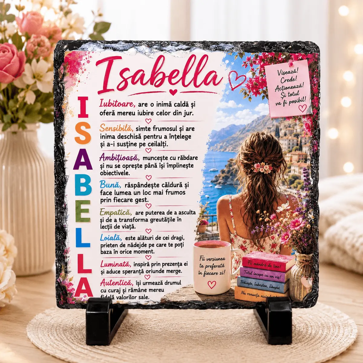 Noutăți și produse recent adăugate - Placă din ardezie personalizată cu numele Isabella, 14 × 14 cm - imagine principală