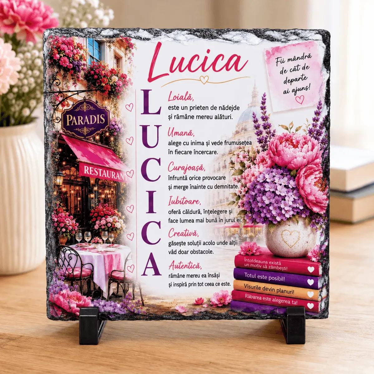 Noutăți și produse recent adăugate - Placă din ardezie personalizată cu numele Lucica, 14 × 14 cm - imagine principală