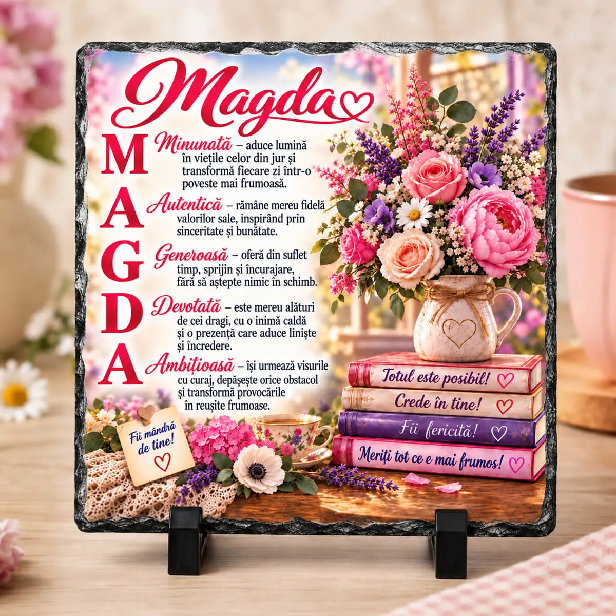 Cadouri personalizate cu nume și mesaj - Placă din ardezie personalizată cu numele Magda, 14 × 14 cm