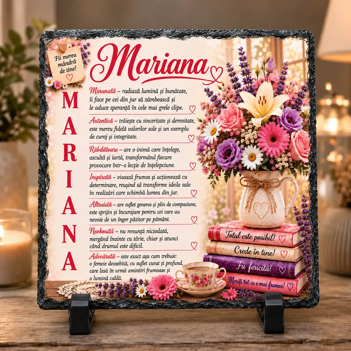 Cadouri personalizate cu nume și mesaj - Placă din ardezie personalizată cu numele Mariana, 14 × 14 cm