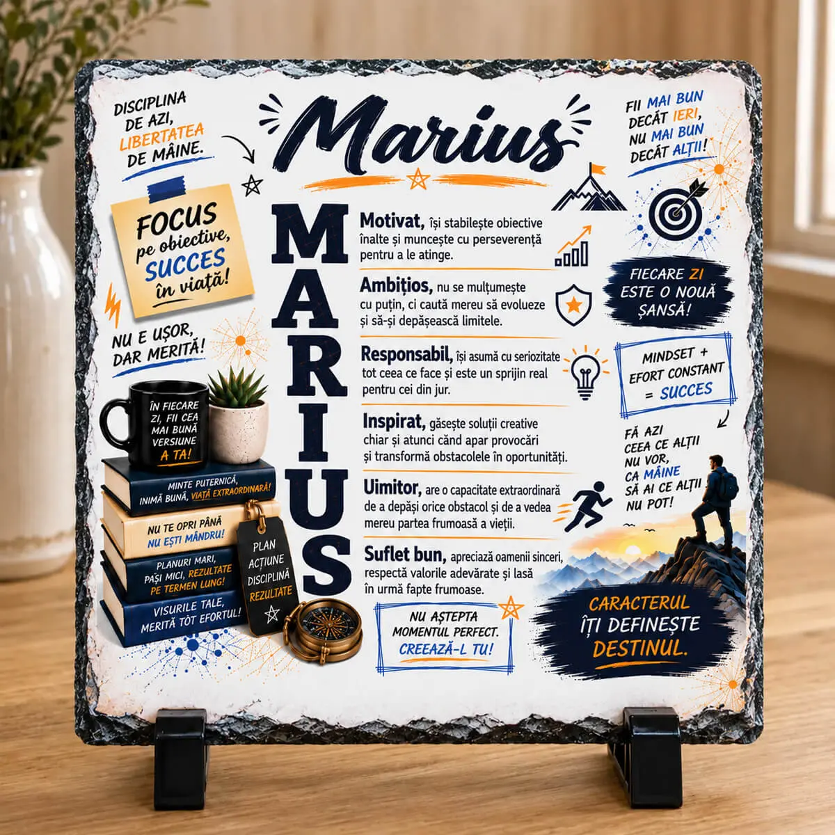 Noutăți și produse recent adăugate - Placă din ardezie personalizată cu numele Marius, 14 × 14 cm