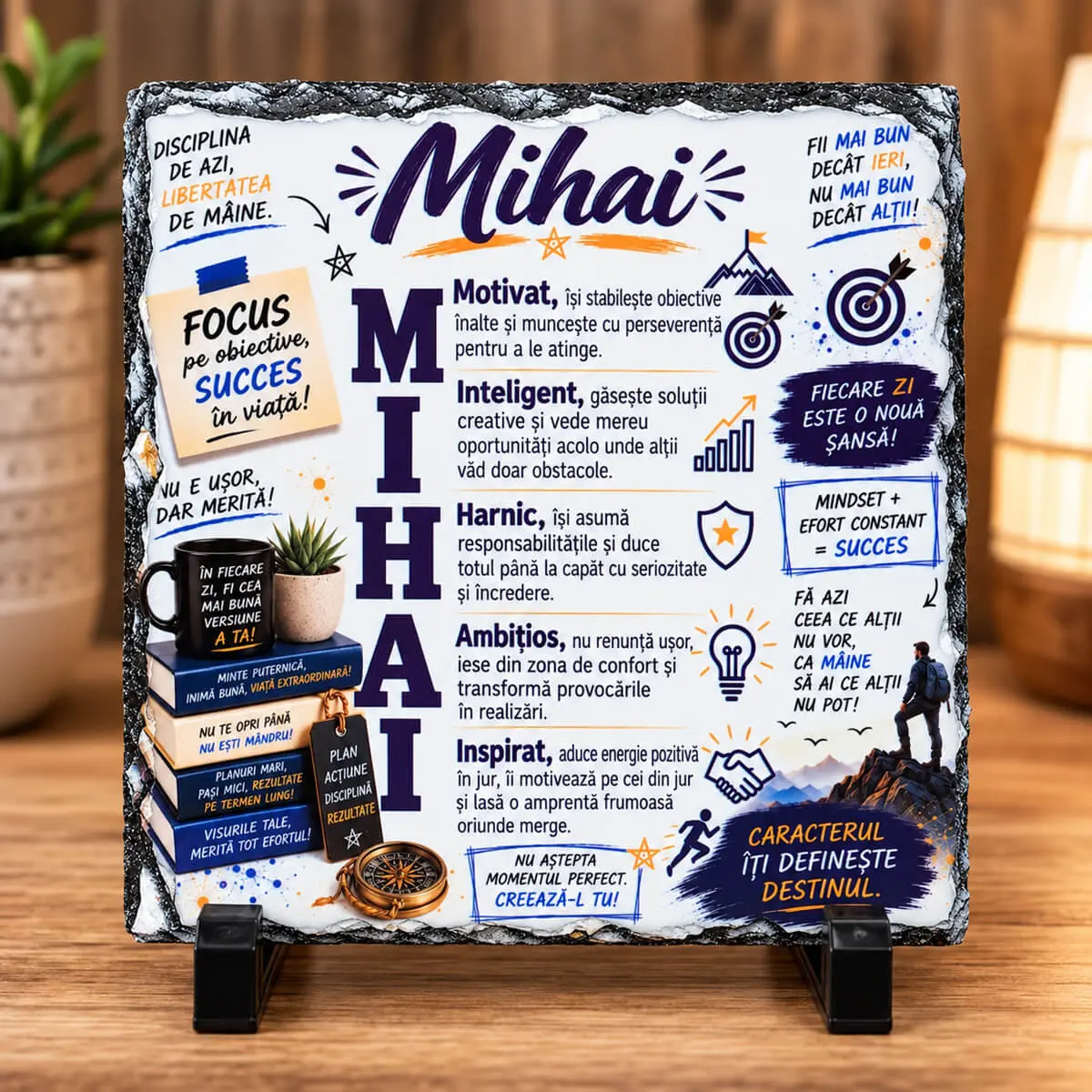 Noutăți și produse recent adăugate - Placă din ardezie personalizată cu numele Mihai, 14 × 14 cm
