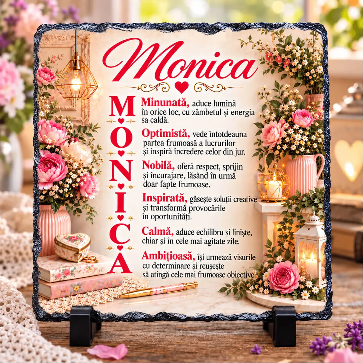 Noutăți și produse recent adăugate - Placă din ardezie personalizată cu numele Monica, 14 × 14 cm